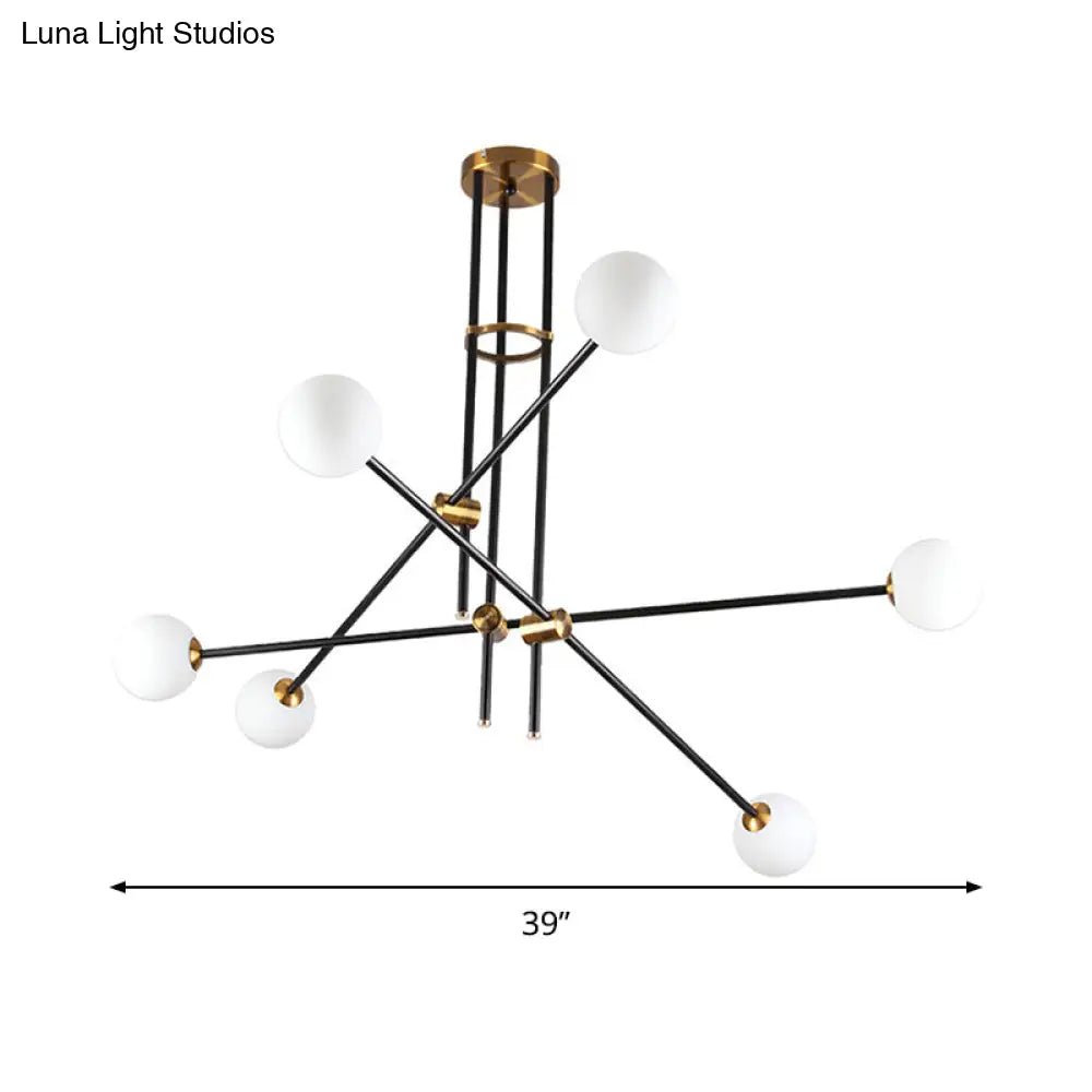 مصباح معدني معلق بسيط مع ثريا سوداء بستة رؤوس بغطاء زجاجي أوبال