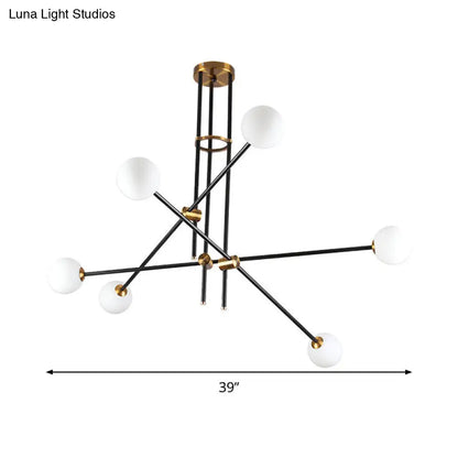مصباح معدني معلق بسيط مع ثريا سوداء بستة رؤوس بغطاء زجاجي أوبال