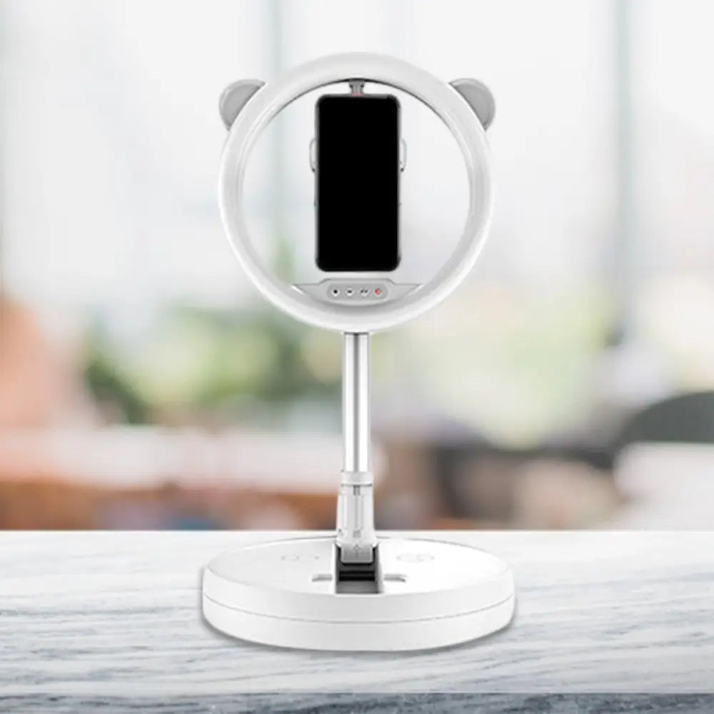 DecorBites™ DecorBites™ Minimalist Metal Mobile Phone Support with Circular Make-Up Light & USB Port - Black/White LED Fill-in Lighting