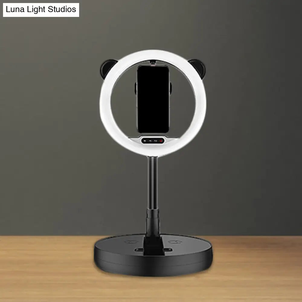 DecorBites™ DecorBites™ Minimalist Metal Mobile Phone Support with Circular Make-Up Light & USB Port - Black/White LED Fill-in Lighting