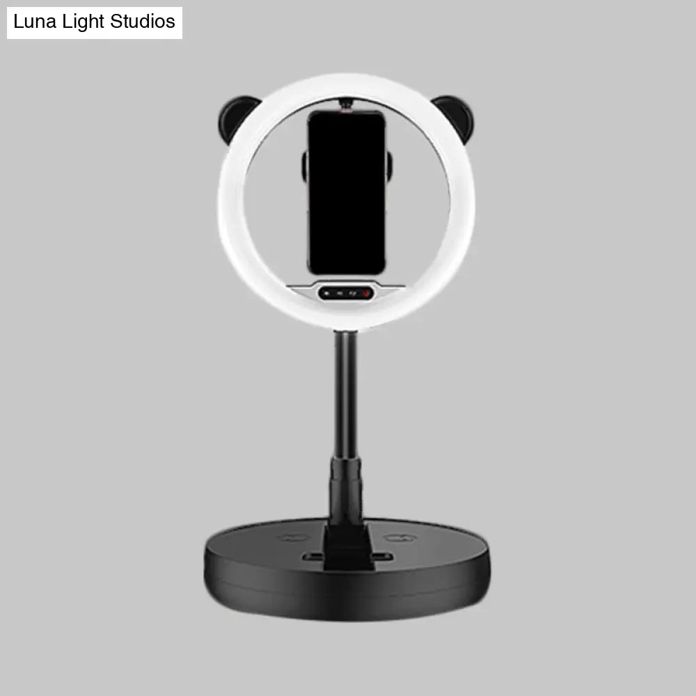 DecorBites™ DecorBites™ Minimalist Metal Mobile Phone Support with Circular Make-Up Light & USB Port - Black/White LED Fill-in Lighting
