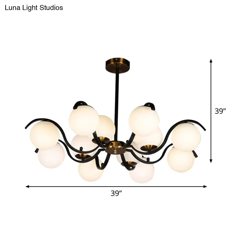Lámpara de techo colgante minimalista con globo de cristal lechoso - 12 luces, iluminación descendente - Negra - Sala de estar