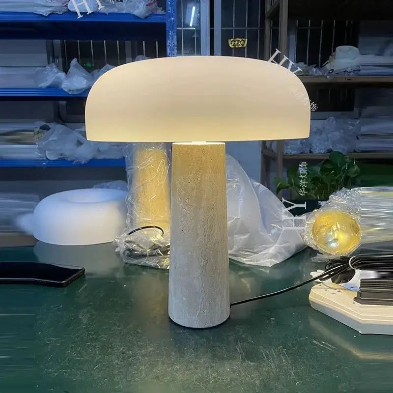 Minimalist mushroom cave stone table lamp with frosted glass shade and gray stone base for warm bedroom decorbites cave stone lighting