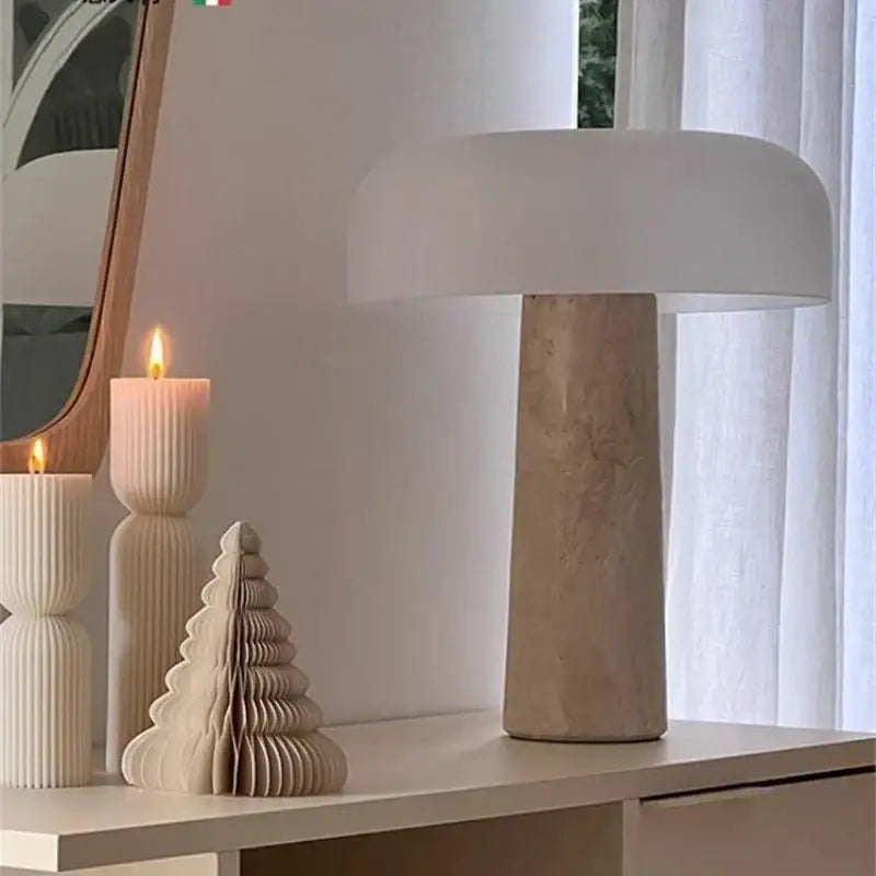 Minimalist mushroom glass table lamp with a decorbites cream marble textured beige stone base for bedroom decor