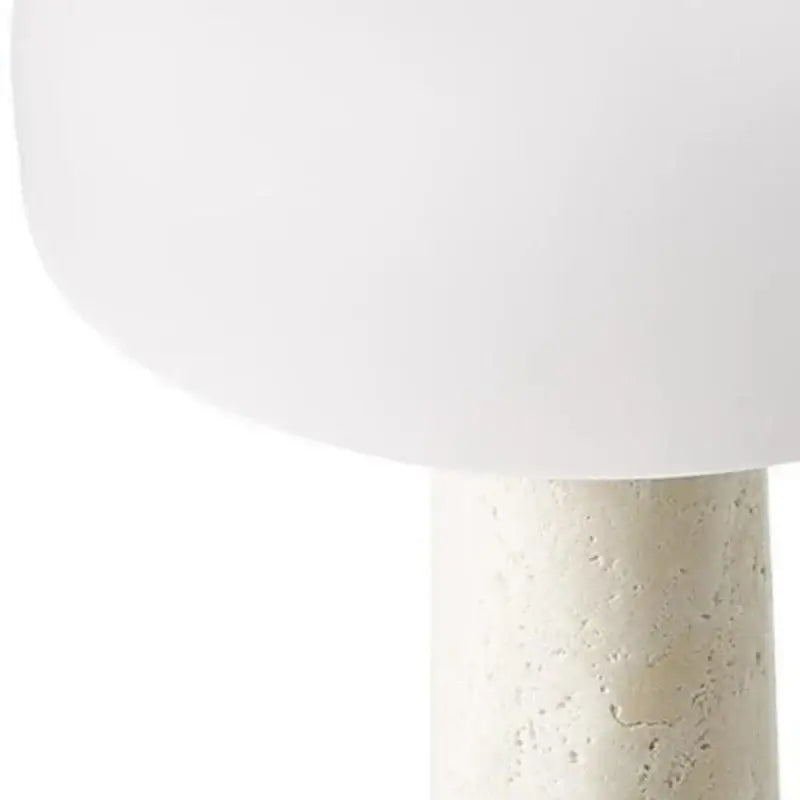 Minimalist mushroom table lamp with a white glass shade and decorbites cream marble textured base for bedroom decor