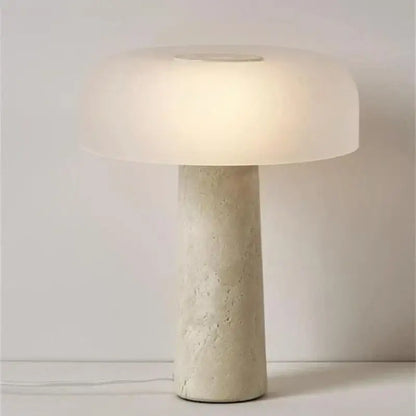 Minimalist table lamp with frosted mushroom glass shade and decorbites cream marble textured base for bedroom decor