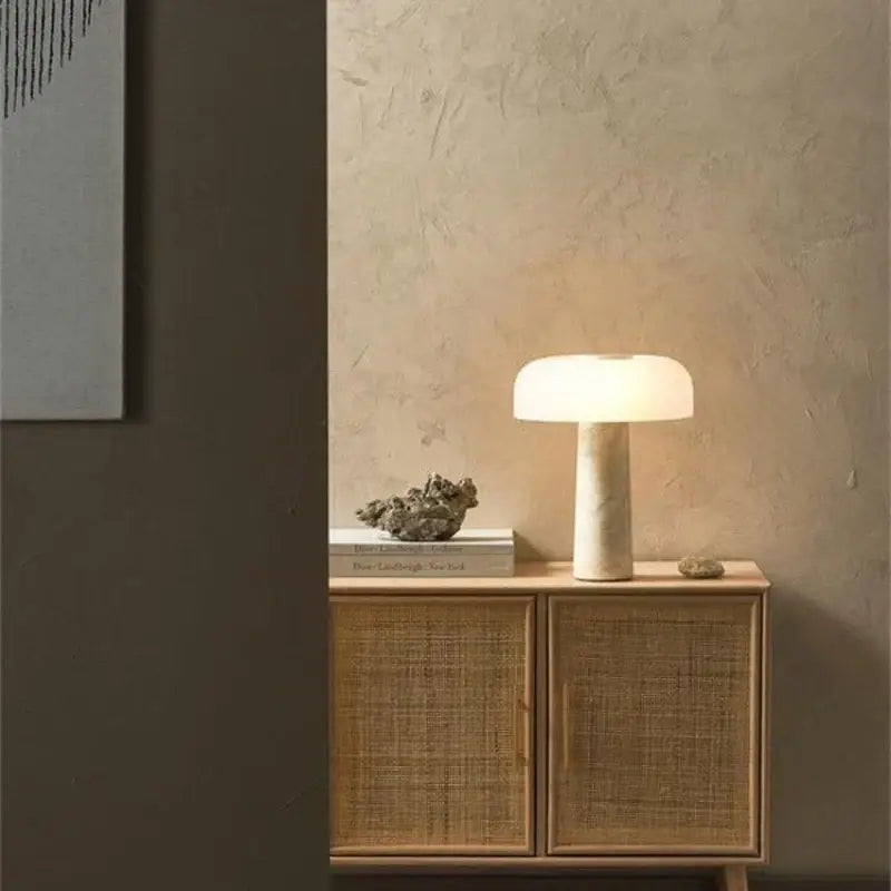 Minimalist mushroom glass table lamp with decorbites cream marble textured base for bedroom decor
