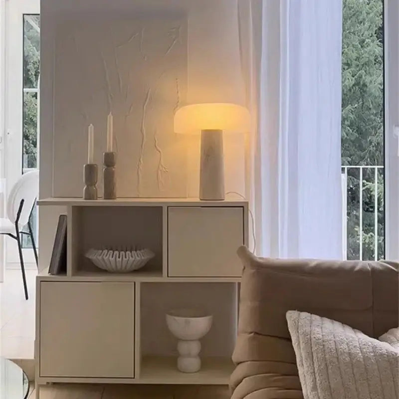 Minimalist mushroom cream marble table lamp with warm-toned decorbites cream marble and soft diffused glow for bedroom