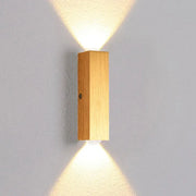 Minimalist natural wood angled wall lamp with warm finish and two light beams for bedroom decorbites brushed gold style