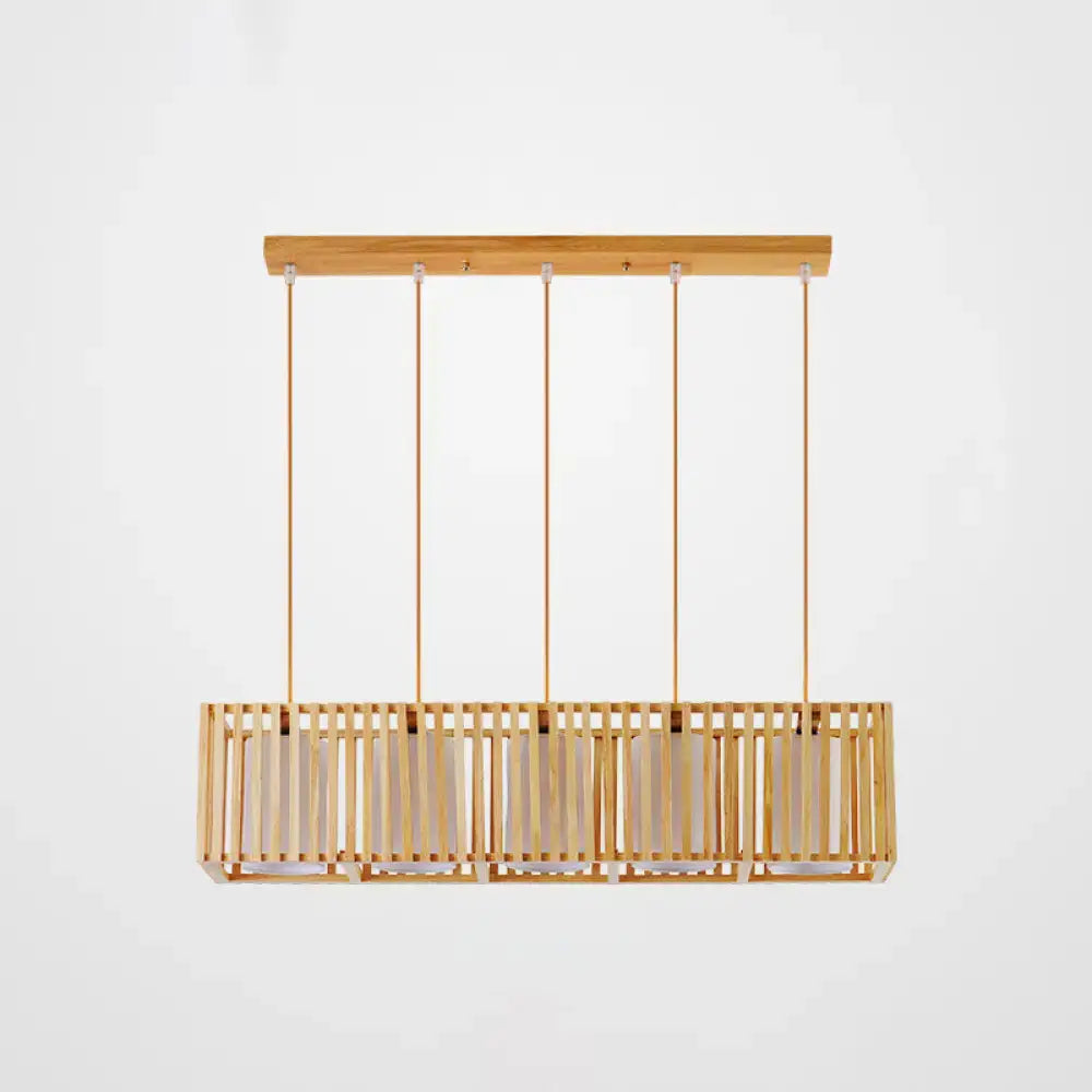 Lightweight DecorBites™ Asian wood island pendant light with natural wood finish and rectangular bamboo frame with vertical slats