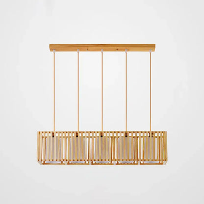 Lightweight DecorBites™ Asian wood island pendant light with natural wood finish and rectangular bamboo frame with vertical slats