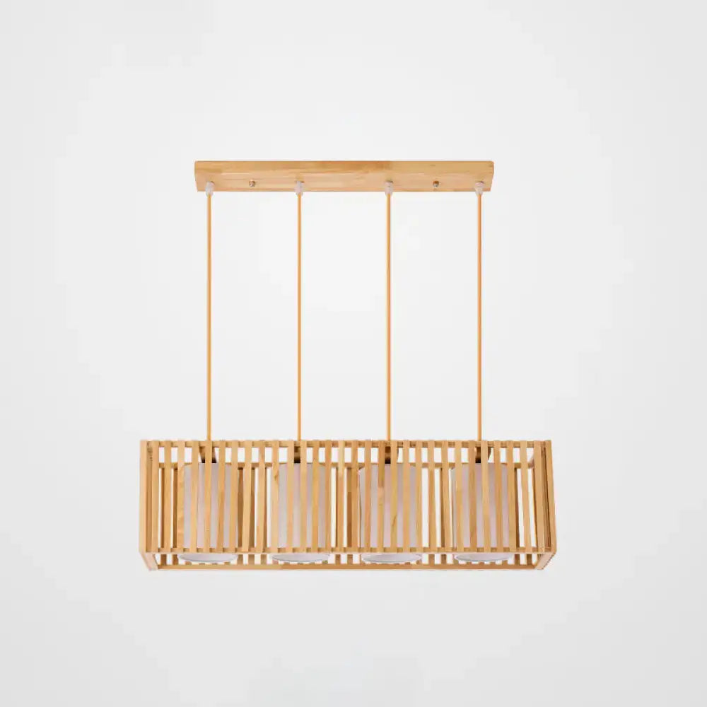 DecorBites™ Asian wood island pendant light with natural wood finish and vertical slats suspended by thin cords