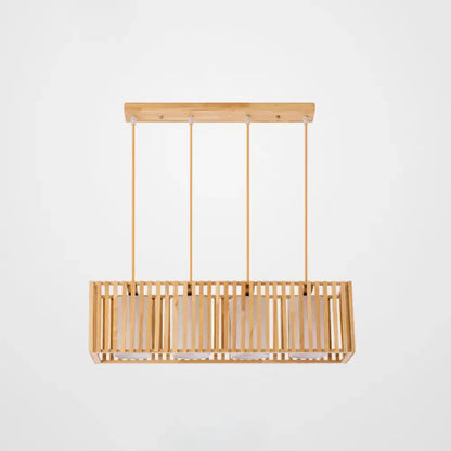 DecorBites™ Asian wood island pendant light with natural wood finish and vertical slats suspended by thin cords