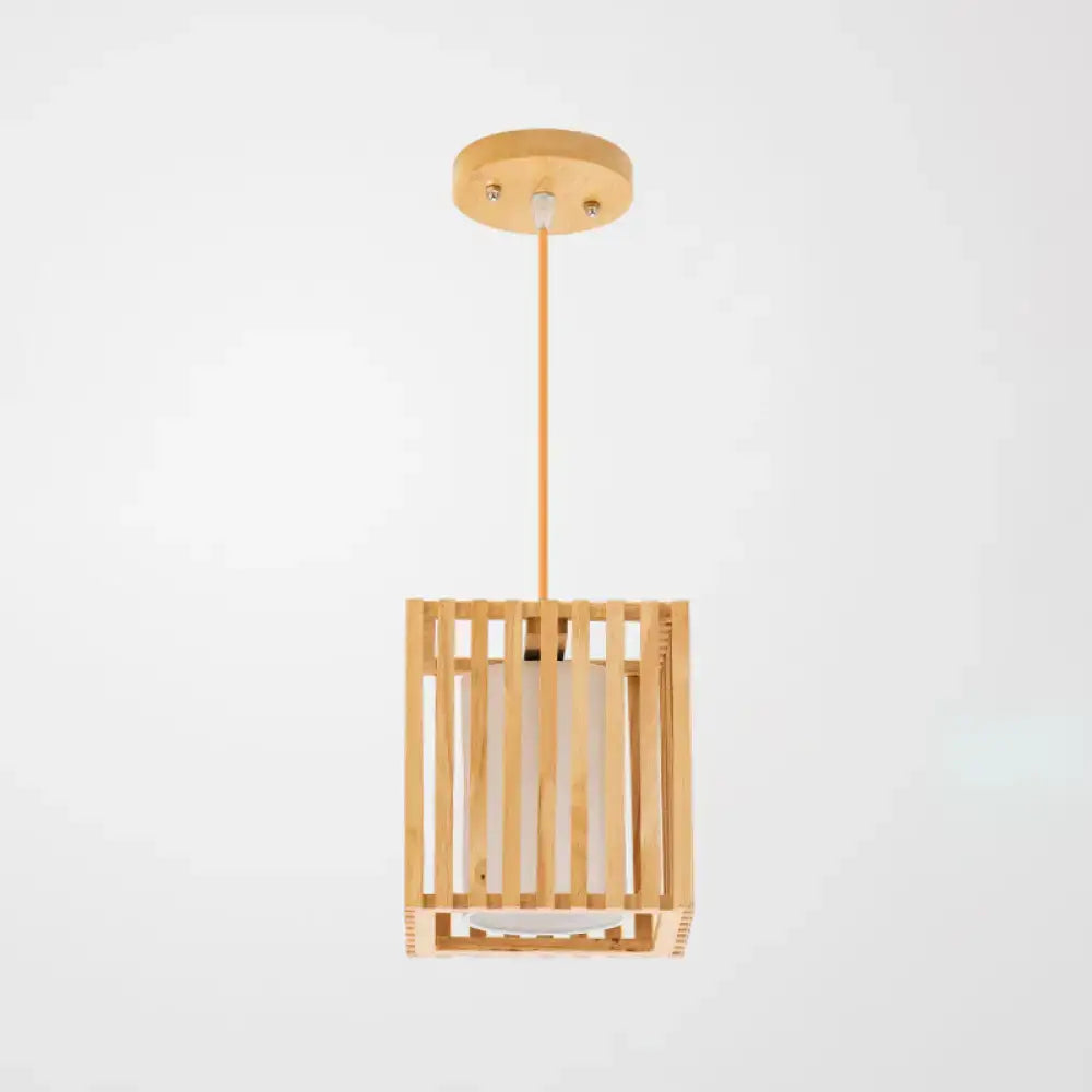 Decorbites™ asian wood island pendant light in natural wood finish with vertical slats and frosted glass shade