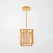 Decorbites™ asian wood island pendant light in natural wood finish with vertical slats and frosted glass shade