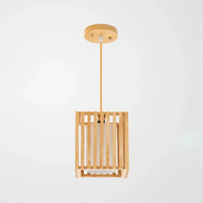 Decorbites™ asian wood island pendant light in natural wood finish with vertical slats and frosted glass shade