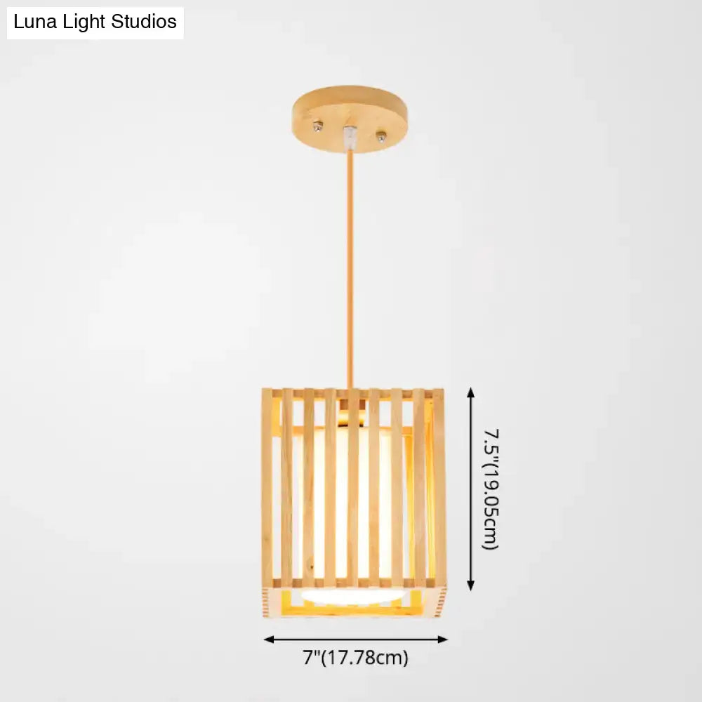 DecorBites™ asian wood island pendant light in warm natural bamboo with vertical slats and circular wooden mount