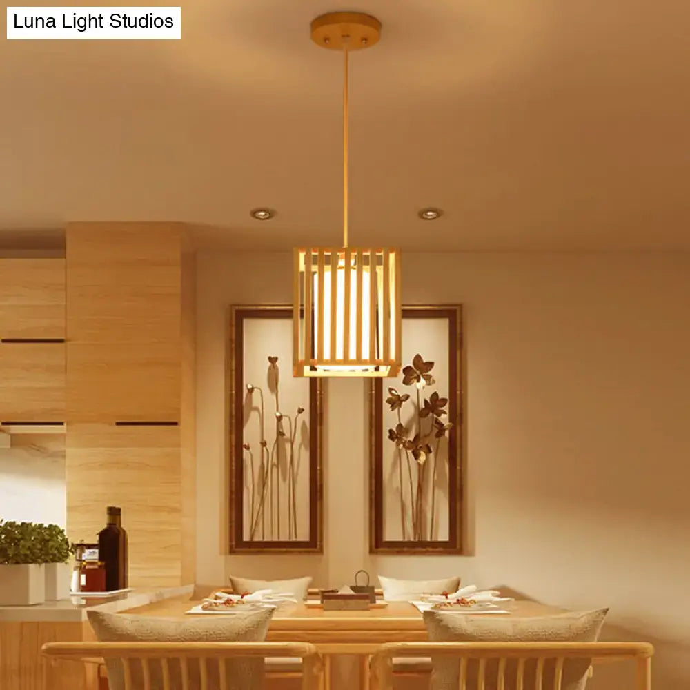 DecorBites Asian wood island pendant light with warm-toned vertical slats and natural wood finish ceiling mount