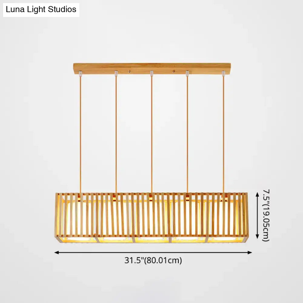 DecorBites Asian wood island pendant light in natural warm-toned bamboo with vertical slats and wooden ceiling mount