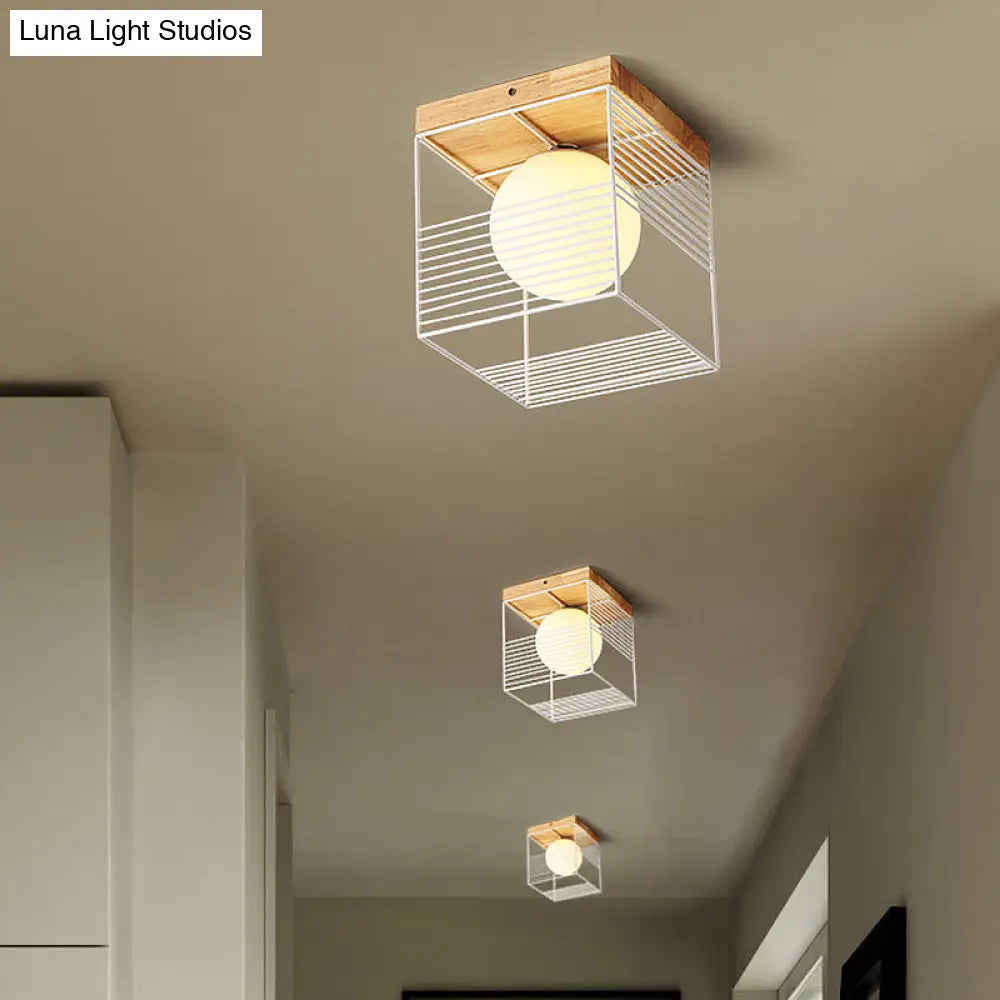 DecorBites™ DecorBites™ Minimalist Nordic Cage Ceiling Light with Glass Shade and Wood Canopy - Black/White Cubic Iron Flush Mount Lamp