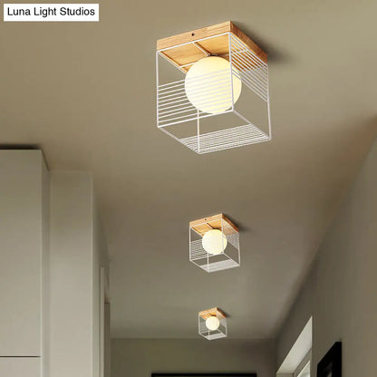 DecorBites™ DecorBites™ Minimalist Nordic Cage Ceiling Light with Glass Shade and Wood Canopy - Black/White Cubic Iron Flush Mount Lamp