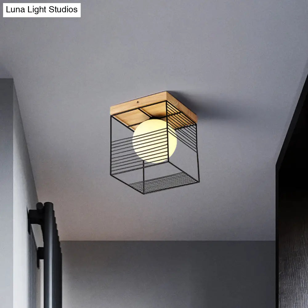 DecorBites™ DecorBites™ Minimalist Nordic Cage Ceiling Light with Glass Shade and Wood Canopy - Black/White Cubic Iron Flush Mount Lamp