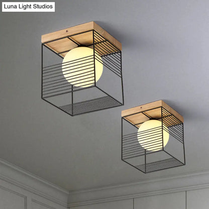 DecorBites™ DecorBites™ Minimalist Nordic Cage Ceiling Light with Glass Shade and Wood Canopy - Black/White Cubic Iron Flush Mount Lamp