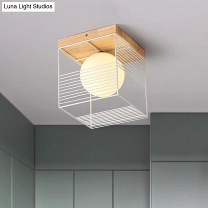 DecorBites™ DecorBites™ Minimalist Nordic Cage Ceiling Light with Glass Shade and Wood Canopy - Black/White Cubic Iron Flush Mount Lamp