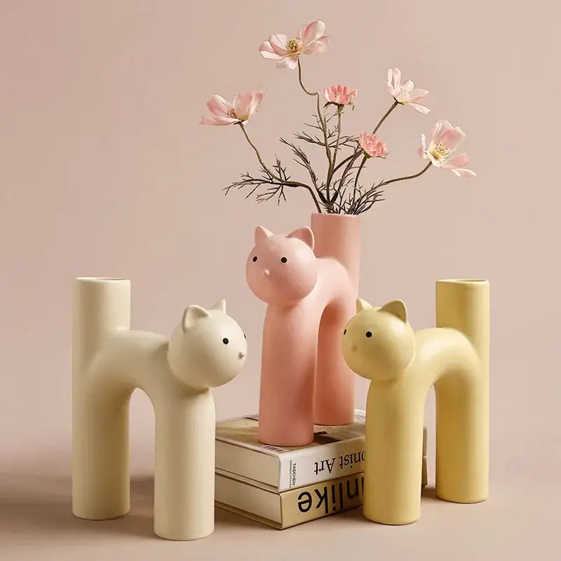 Pastel pink ceramic decorbites cathead tube vase with smooth glossy finish minimalist design for living room decor
