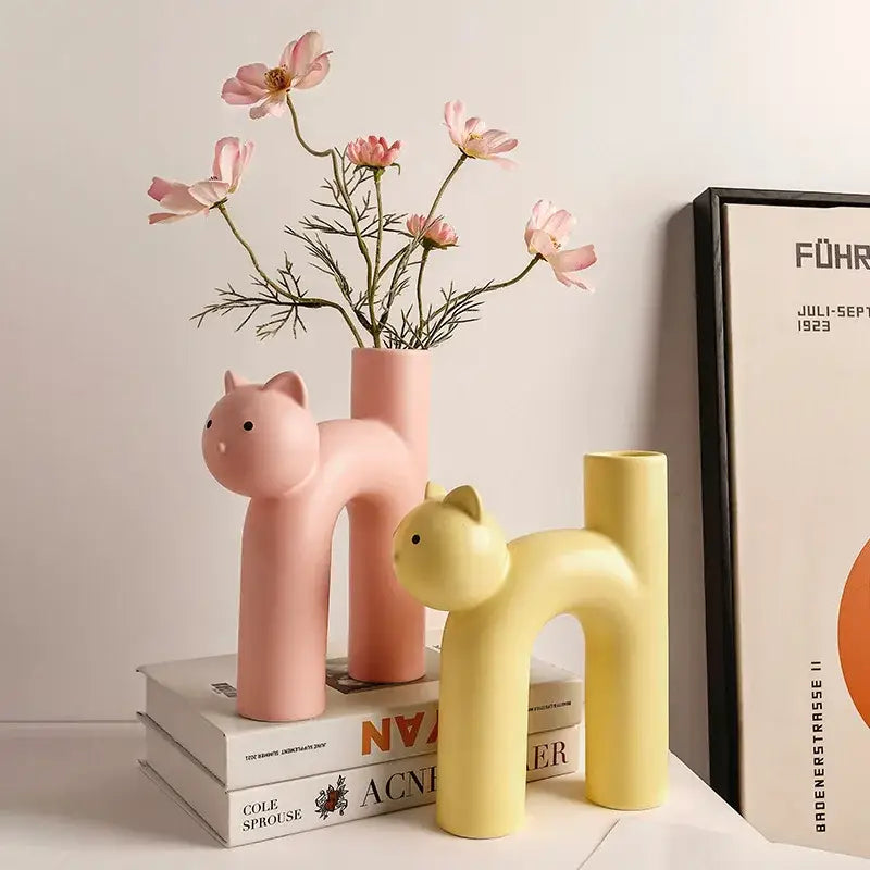 Pastel pink and yellow ceramic cathead tube vase with smooth glossy finish for minimalist decorbites cathead living room decor