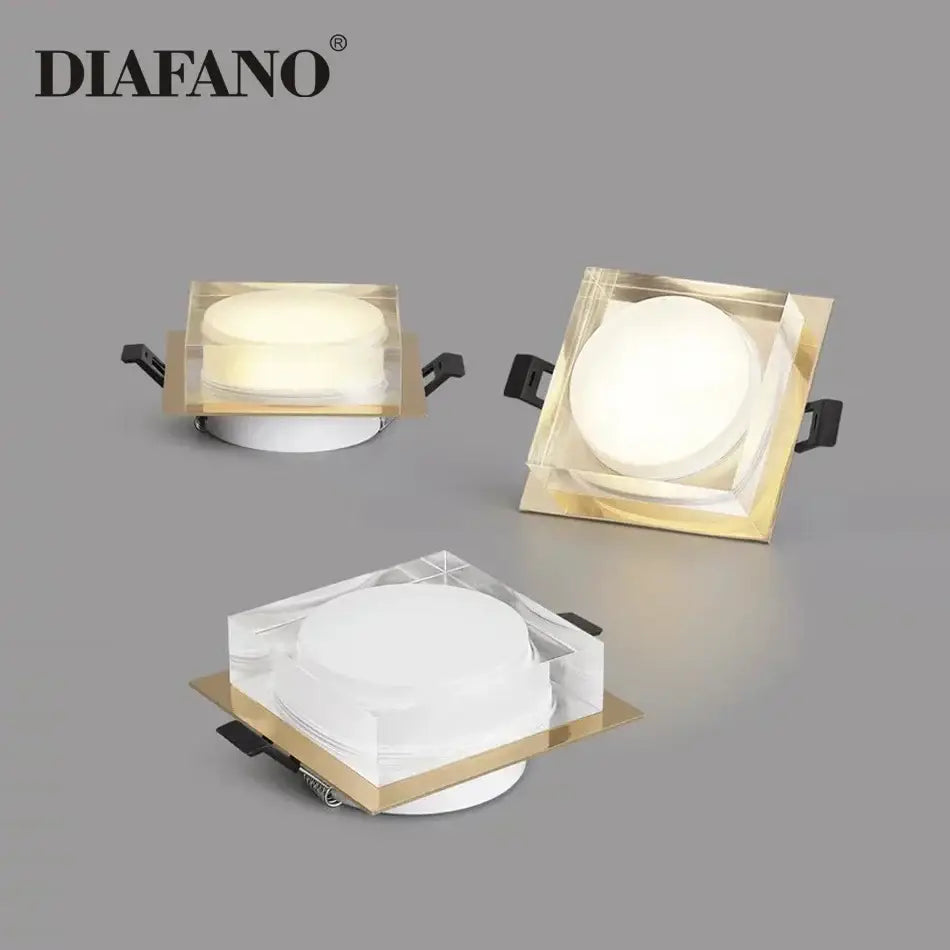 Gold-framed square recessed spot light with clear acrylic covers and white bulbs for minimalist decorbites crystal dimmable use