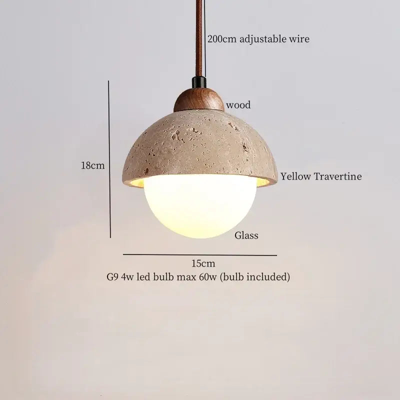 Minimalist off white creative stone led pendant light with a yellow travertine dome and wooden top cap for dining room decorbites