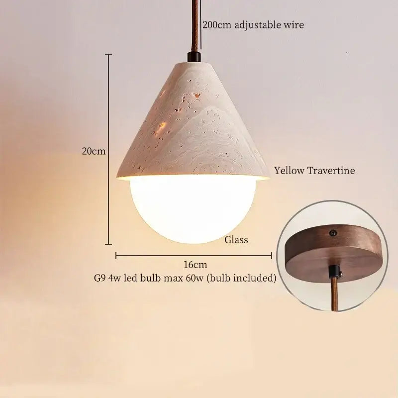 Minimalist off white yellow travertine cone-shaped pendant light with frosted glass globe decorbites creative stone led