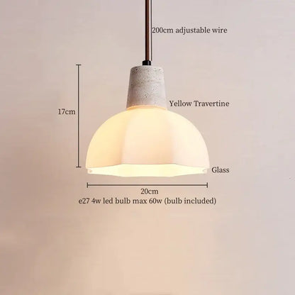 Minimalist off white pendant light with a textured yellow travertine top and glass dome by decorbites creative stone led