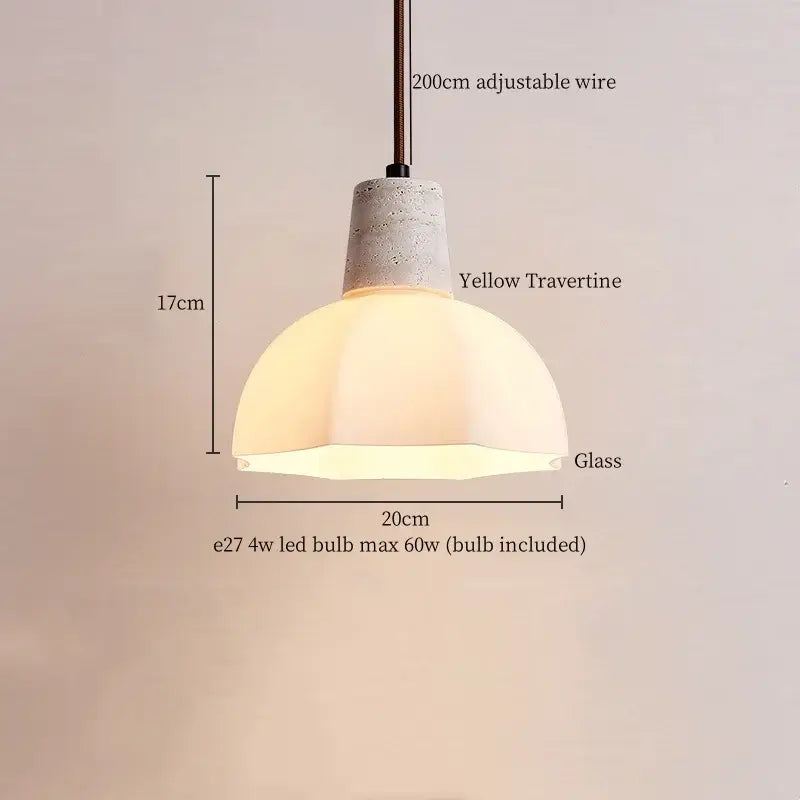 Minimalist off white pendant light with a textured yellow travertine top and glass dome by decorbites creative stone led
