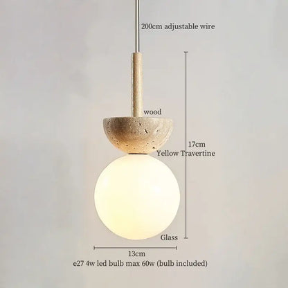 Minimalist off white pendant light with warm frosted glass globe and yellow travertine disc by decorbites creative stone led