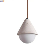Minimalist off white pendant light with textured concrete shade and smooth glass bulb by decorbites creative stone led