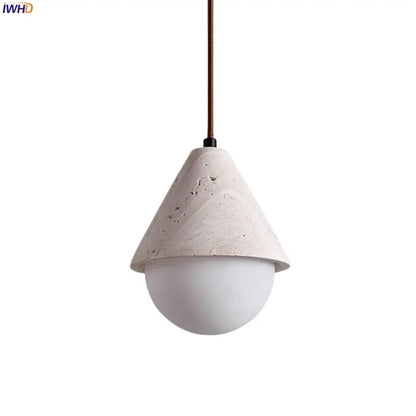 Minimalist off white pendant light with textured concrete shade and smooth glass bulb by decorbites creative stone led