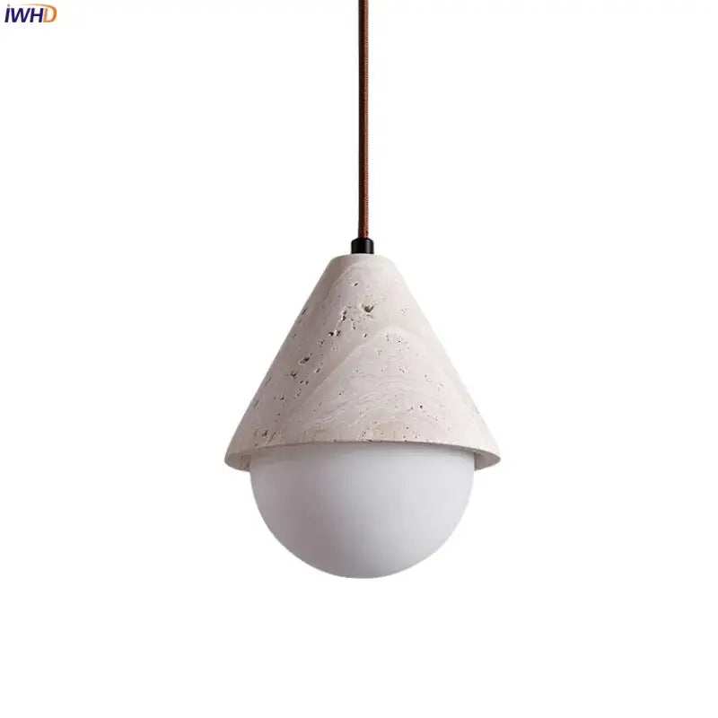 Minimalist off white pendant light with textured concrete shade and smooth glass bulb by decorbites creative stone led