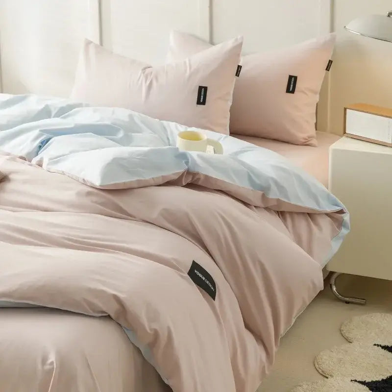 Minimalist off-white and mint matching cotton bedding set with pastel pink and light blue duvet set in smooth fabric