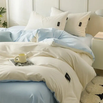 Minimalist off-white and mint two-tone bedding set with soft smooth matching cotton fabric for bedroom use