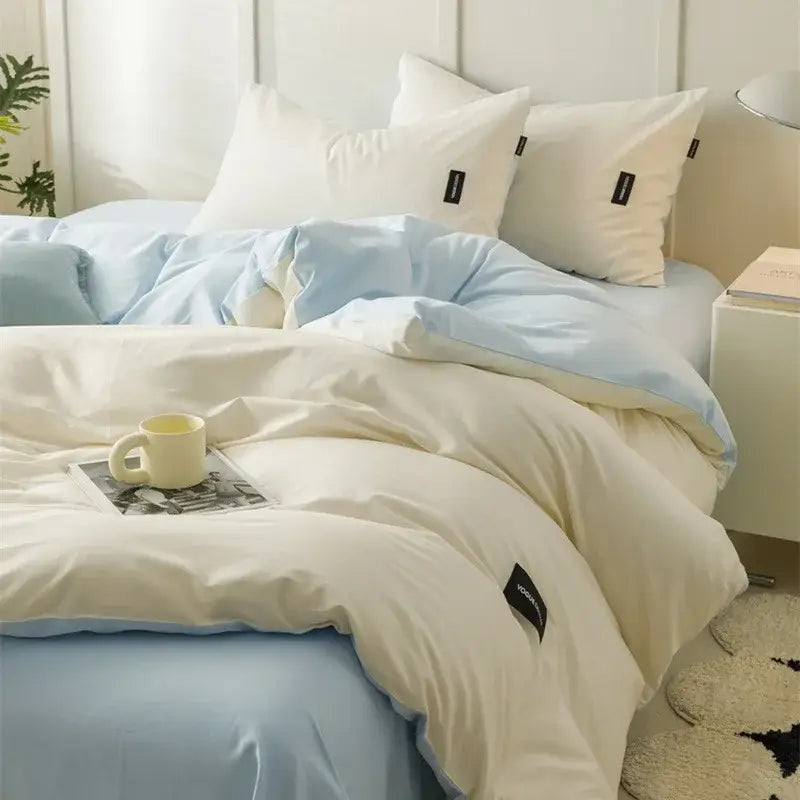 Minimalist off-white and mint two-tone bedding set with soft smooth matching cotton fabric for bedroom use