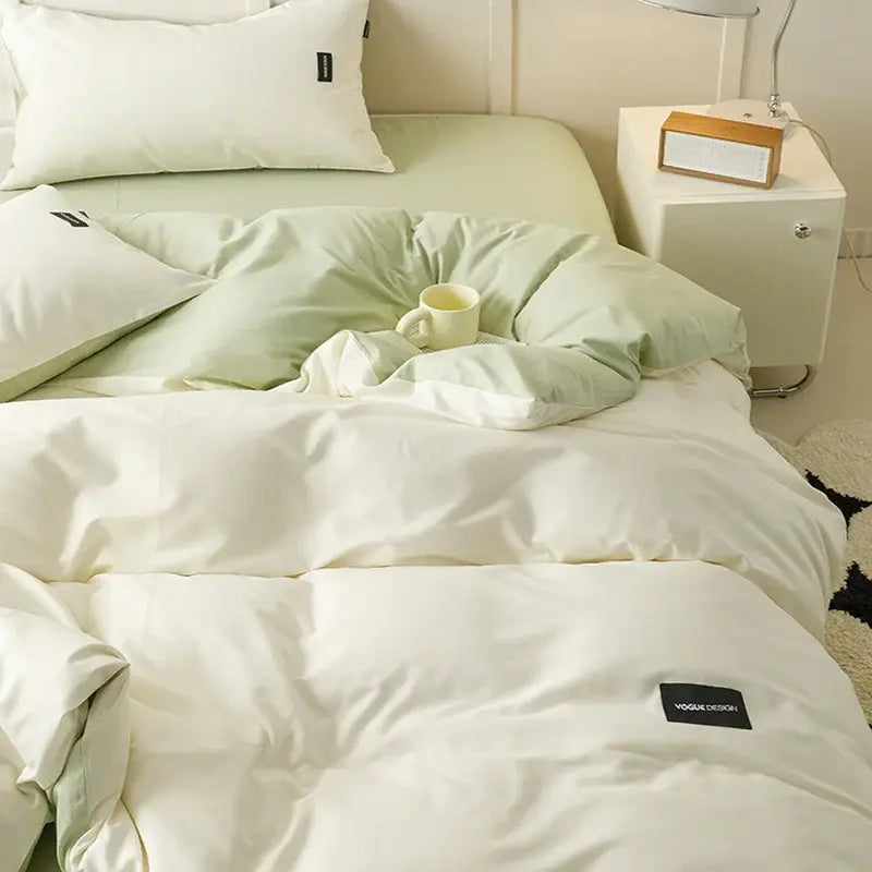 Minimalist off-white and mint matching cotton bedding set with subtle black brand patches for bedroom use