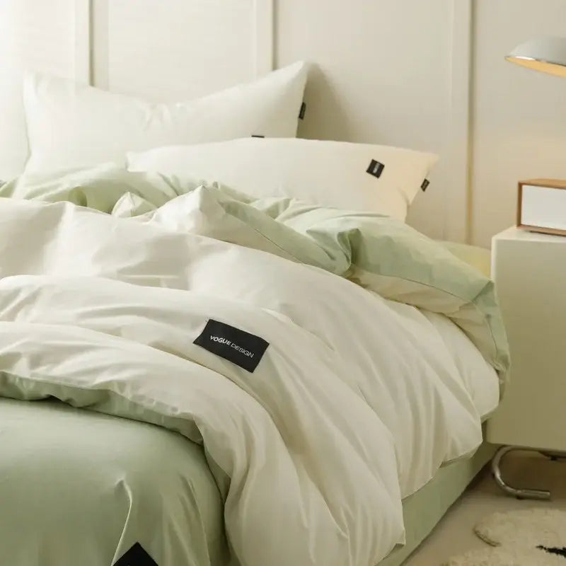 Minimalist off-white and soft mint green matching cotton bedding set with black vogue design label patches