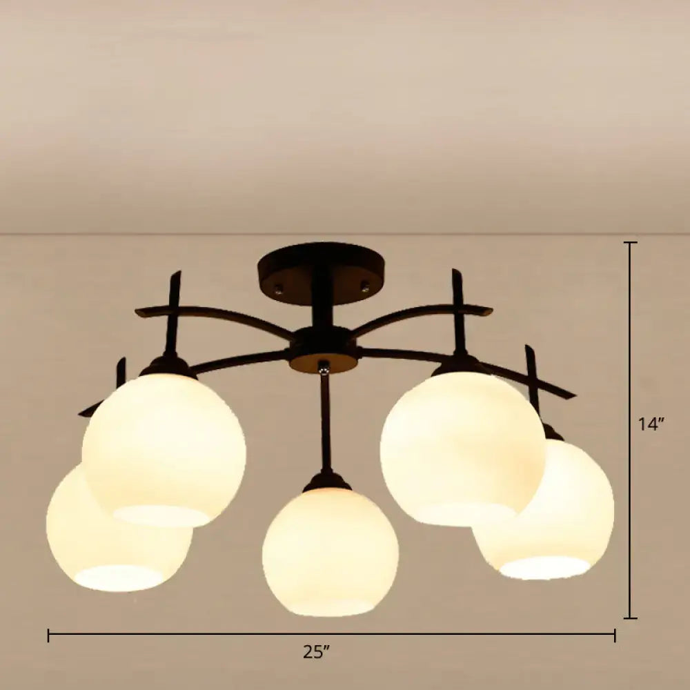 Black metal chandelier with five frosted opal glass globes minimalist ceiling light for living room decor