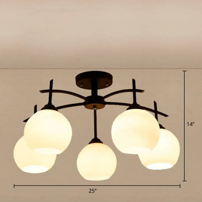 Black metal chandelier with five frosted opal glass globes minimalist ceiling light for living room decor