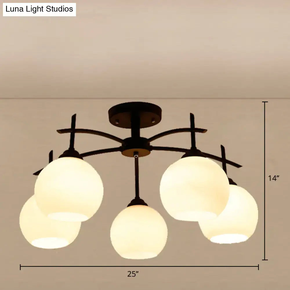 Black metal chandelier with five frosted opal glass globe shades minimalist ceiling light for living room