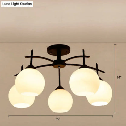 Black metal chandelier with five frosted opal glass globe shades minimalist ceiling light for living room