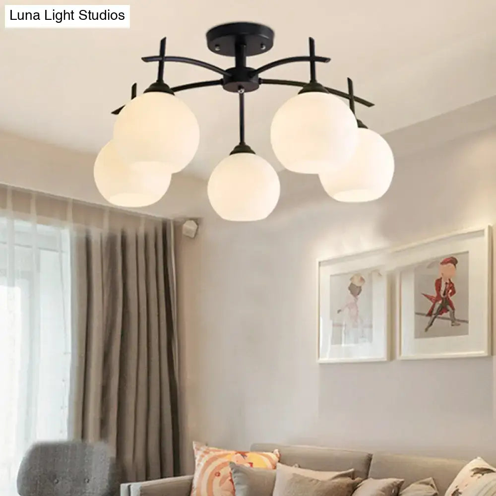 Decorbites™ minimalist black metal chandelier ceiling light with five frosted opal glass globe shades for living room