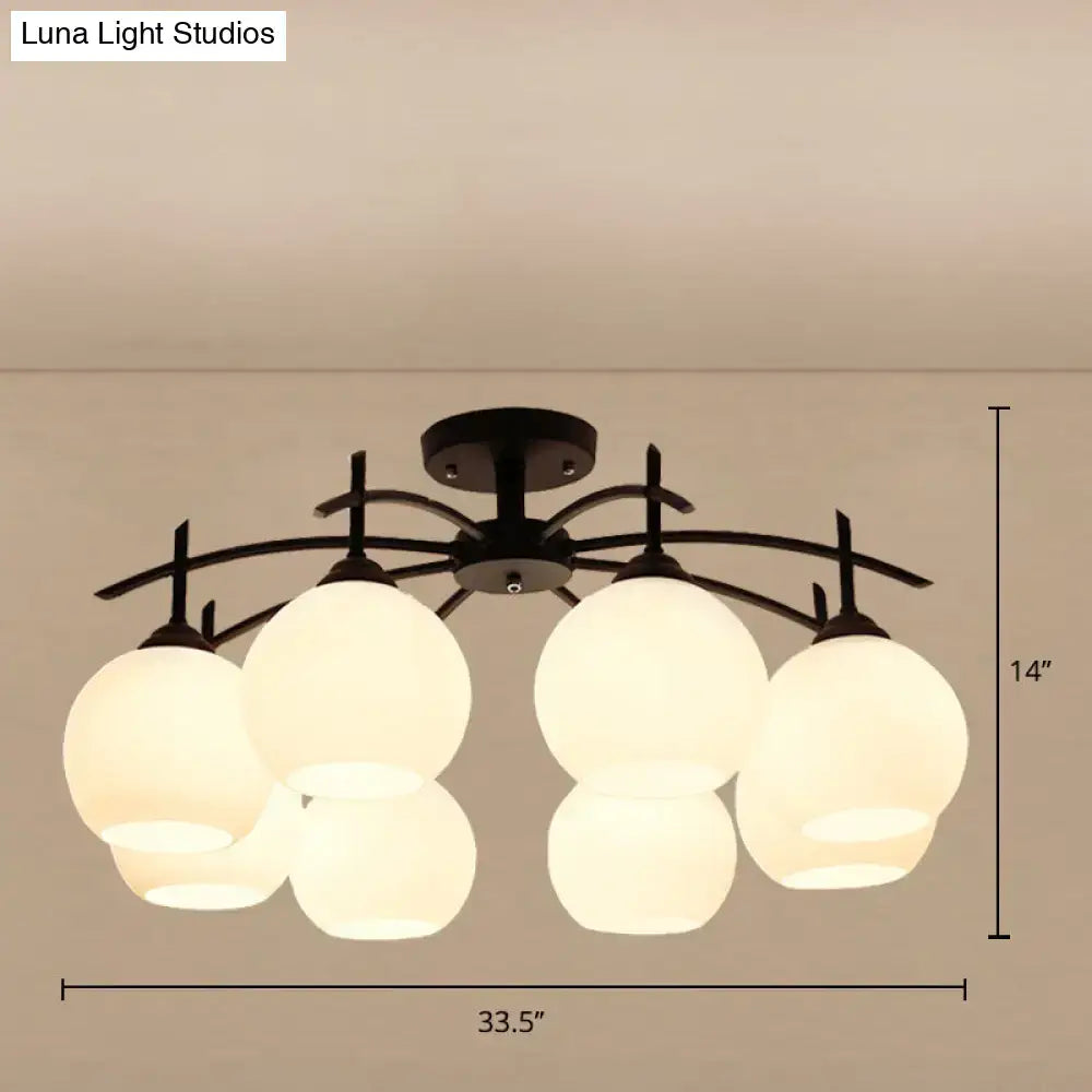 Black metal chandelier ceiling light with five frosted opal glass globe shades for living room decor